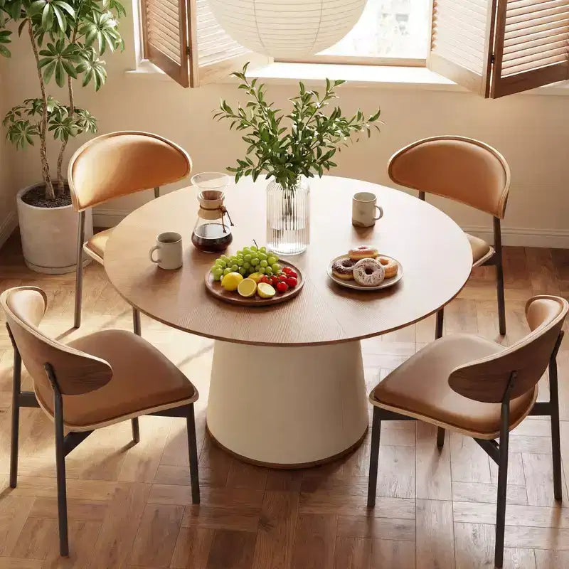Table à manger ronde de 150 cm avec base en bois massif et piédestal recouvert de similicuir, table de cuisine moderne pour salle à manger Gaoyangjiaju