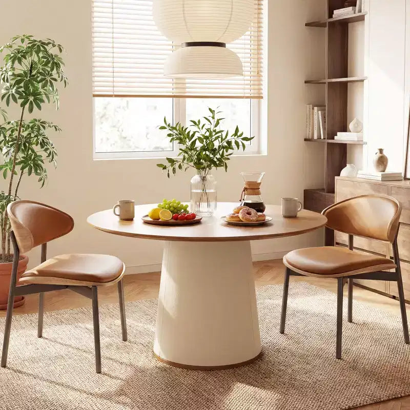 Table à manger ronde de 150 cm avec base en bois massif et piédestal recouvert de similicuir, table de cuisine moderne pour salle à manger Gaoyangjiaju
