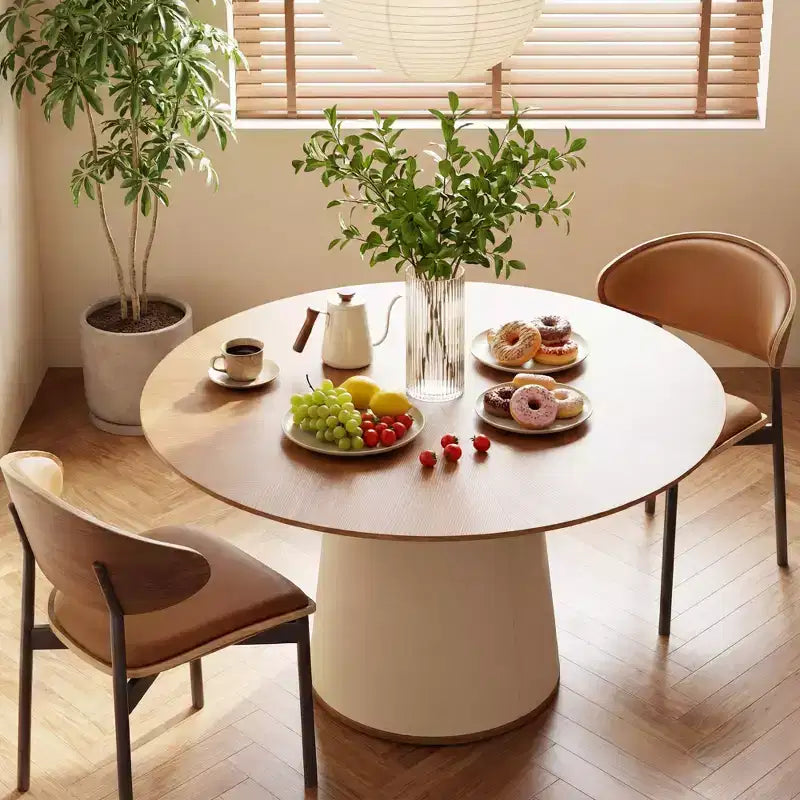 Table à manger ronde de 150 cm avec base en bois massif et piédestal recouvert de similicuir, table de cuisine moderne pour salle à manger Gaoyangjiaju