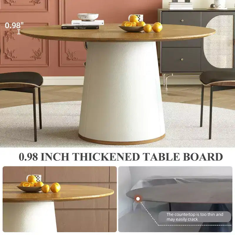 Table à manger ronde de 150 cm avec base en bois massif et piédestal recouvert de similicuir, table de cuisine moderne pour salle à manger Gaoyangjiaju