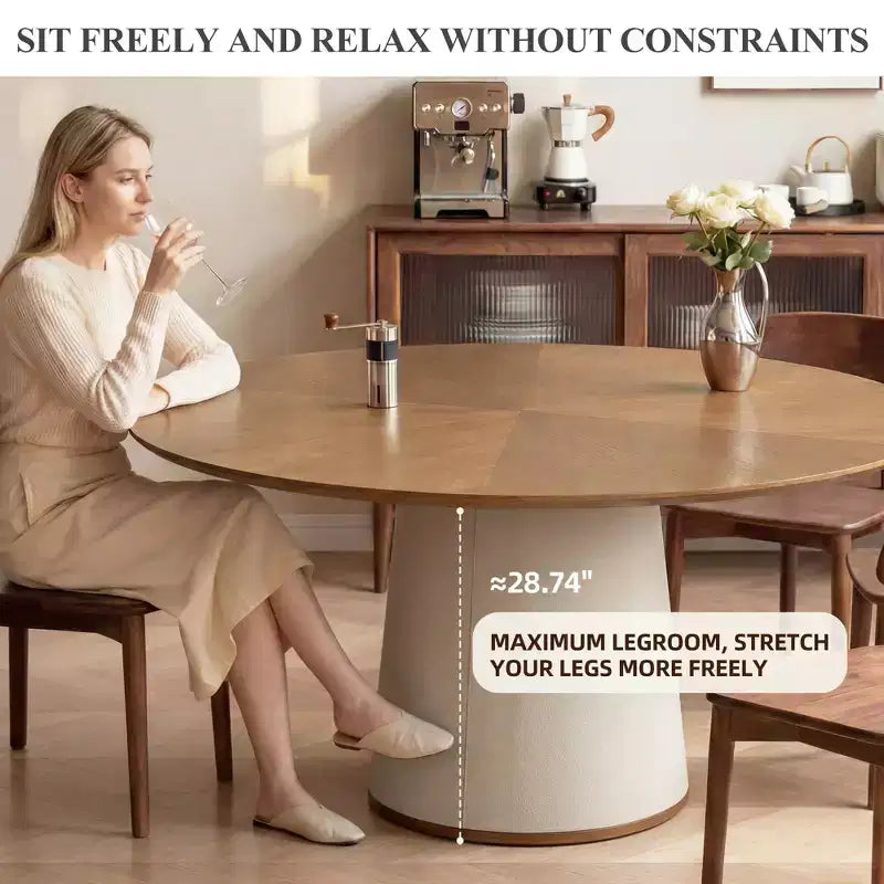 Table à manger ronde de 150 cm avec base en bois massif et piédestal recouvert de similicuir, table de cuisine moderne pour salle à manger Gaoyangjiaju