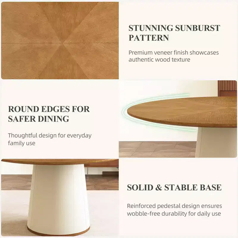 Table à manger ronde de 150 cm avec base en bois massif et piédestal recouvert de similicuir, table de cuisine moderne pour salle à manger Gaoyangjiaju