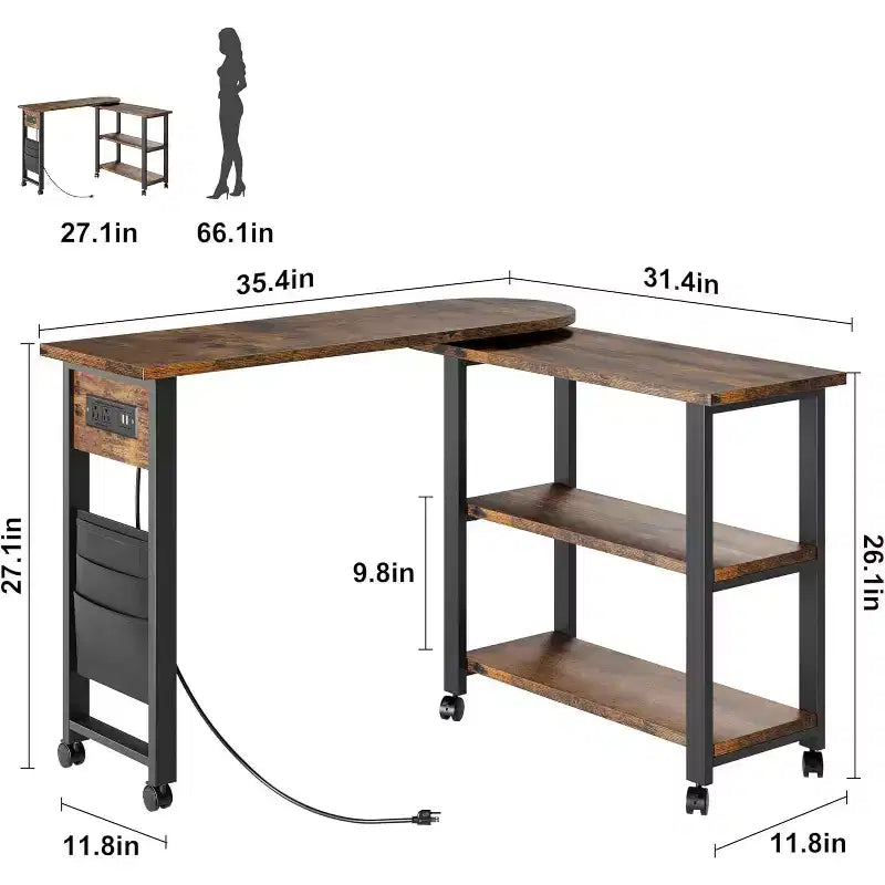 Table basse d'appoint rotative à 360°, table d'appoint à 2 niveaux avec station de charge et pochette de rangement latérale pour salon, chambre et entrée