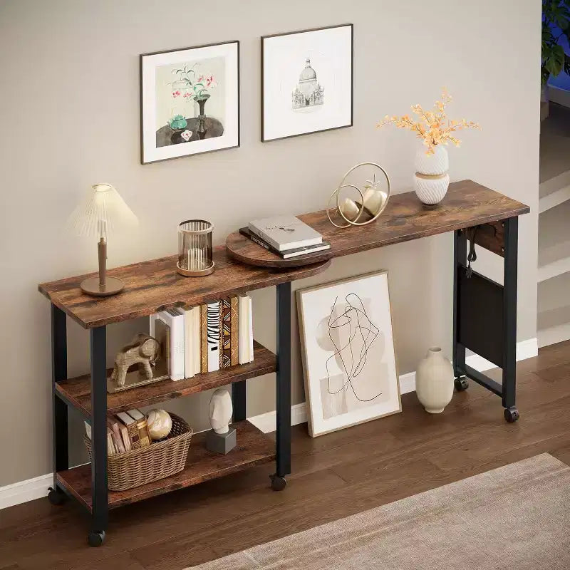 Table basse d'appoint rotative à 360°, table d'appoint à 2 niveaux avec station de charge et pochette de rangement latérale pour salon, chambre et entrée