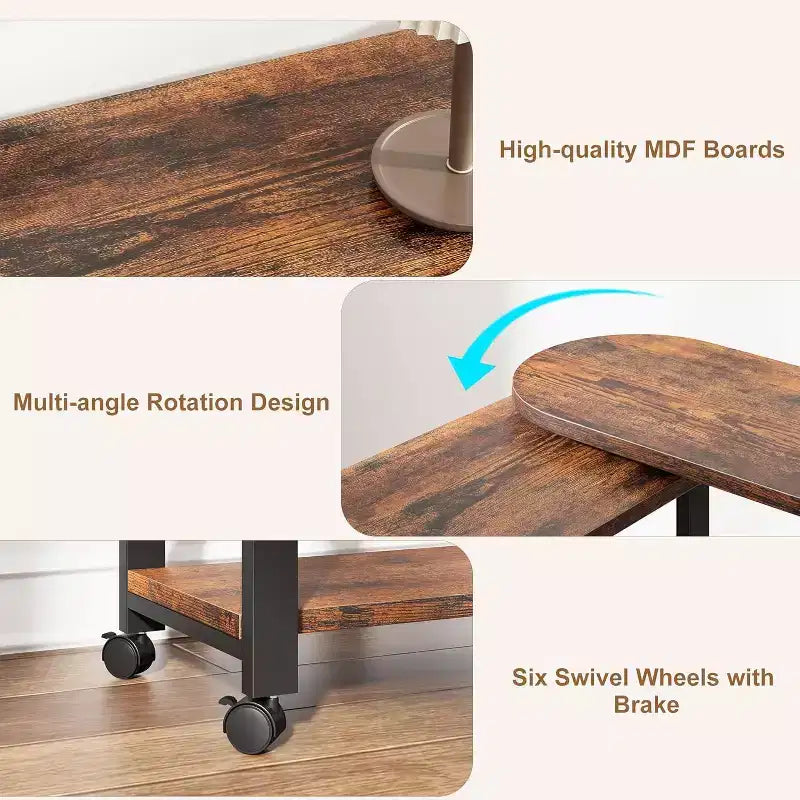 Table basse d'appoint rotative à 360°, table d'appoint à 2 niveaux avec station de charge et pochette de rangement latérale pour salon, chambre et entrée