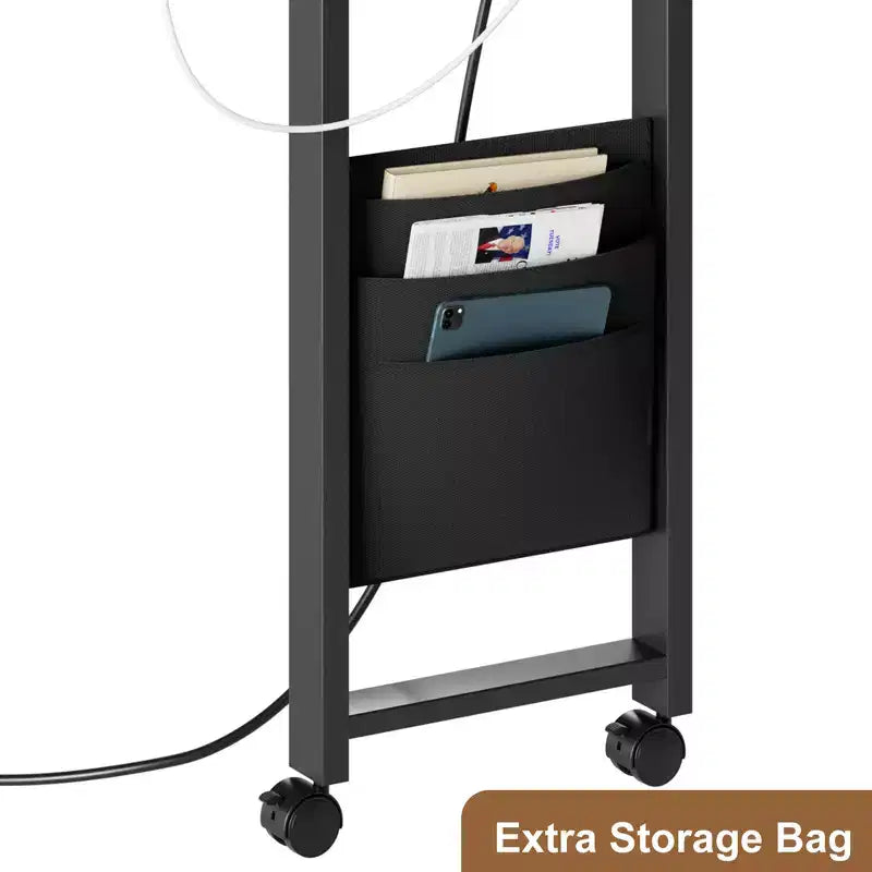 Table basse d'appoint rotative à 360°, table d'appoint à 2 niveaux avec station de charge et pochette de rangement latérale pour salon, chambre et entrée