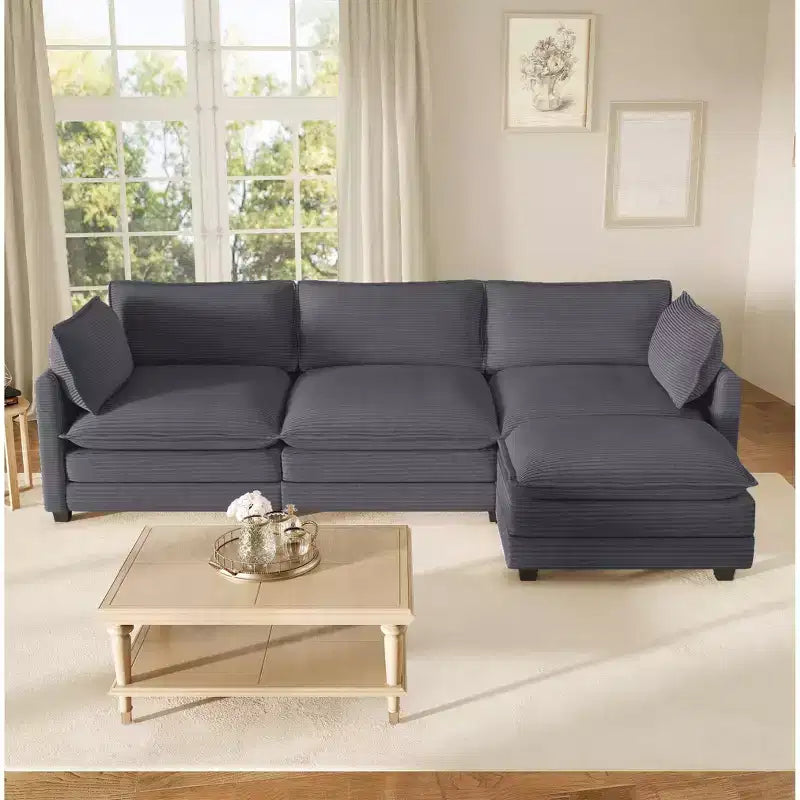 Canapé d'angle Hyleory en velours côtelé avec ottoman mobile - Doux au toucher, design peu encombrant