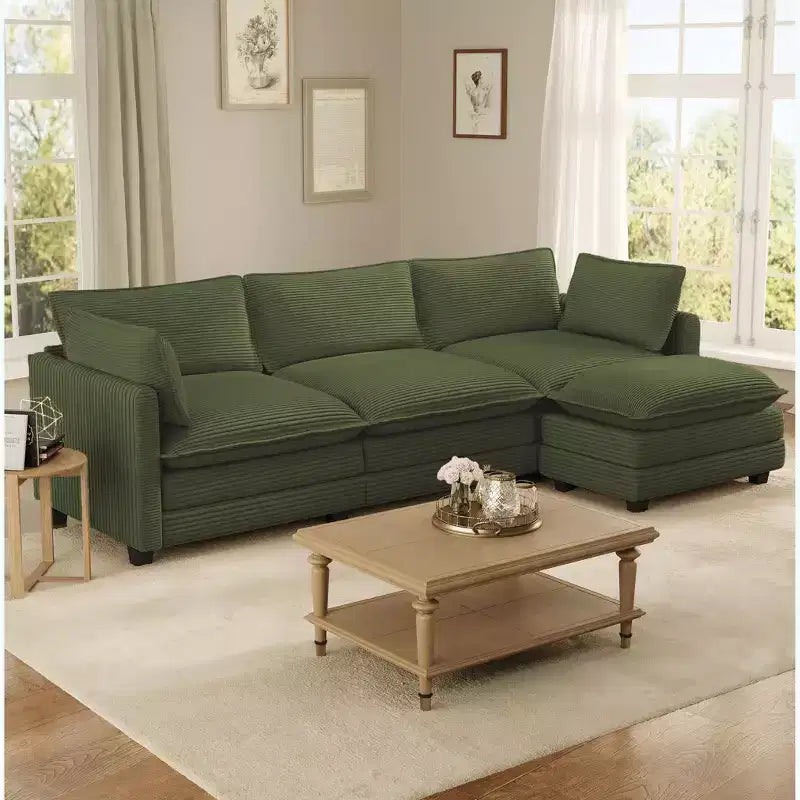 Canapé d'angle Hyleory en velours côtelé avec ottoman mobile - Doux au toucher, design peu encombrant