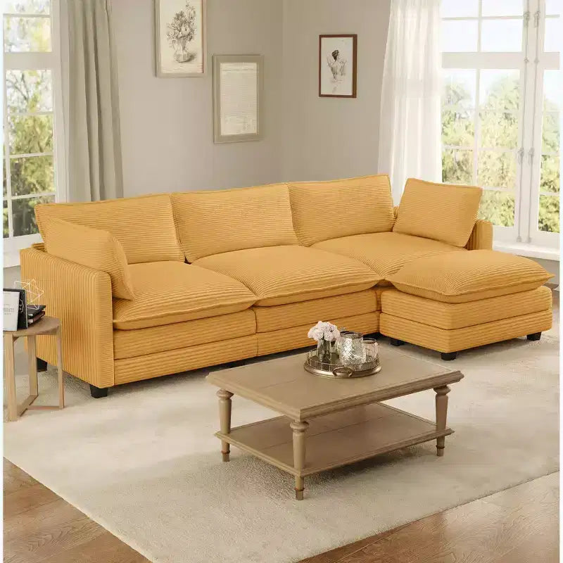 Canapé d'angle Hyleory en velours côtelé avec ottoman mobile - Doux au toucher, design peu encombrant