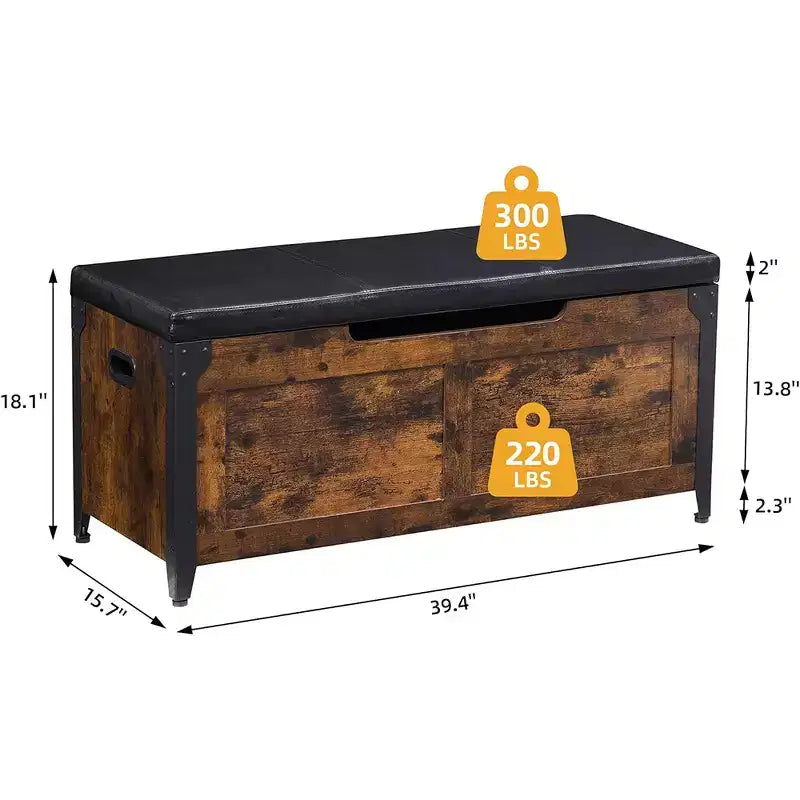 Banc de rangement, Coffre de rangement rétro en bois avec 2 charnières de sécurité, Charge maximale 136 kg, Banc ottoman de rangement pour chambre et salon, Rustique