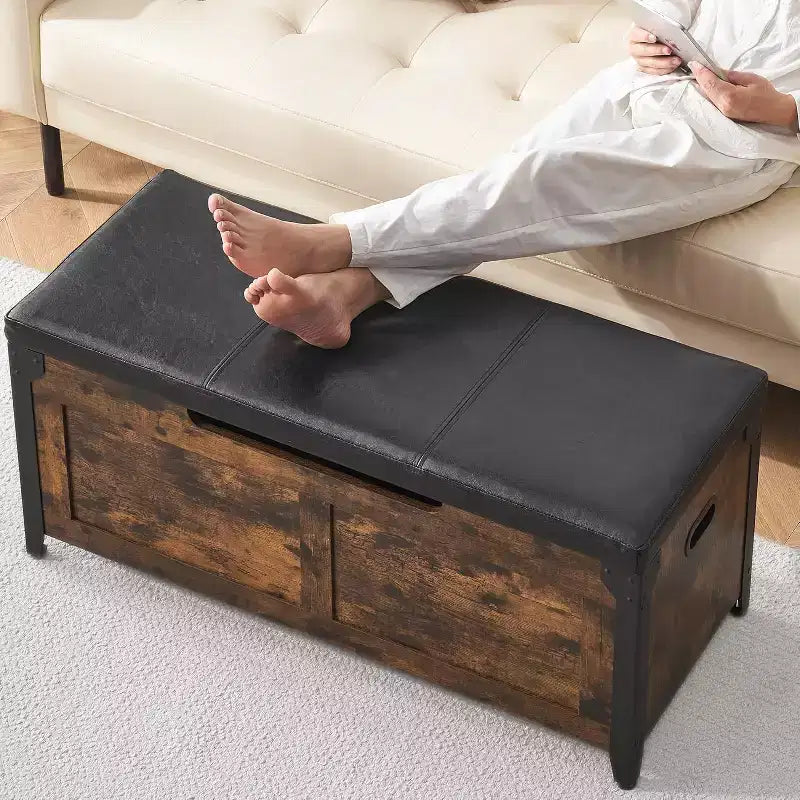 Banc de rangement, Coffre de rangement rétro en bois avec 2 charnières de sécurité, Charge maximale 136 kg, Banc ottoman de rangement pour chambre et salon, Rustique