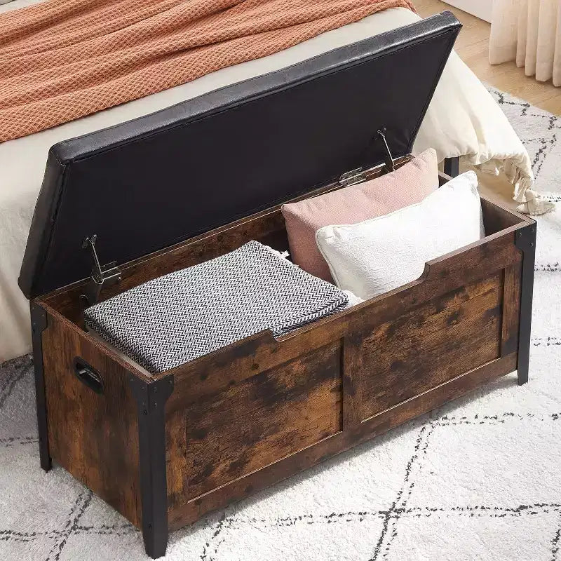Banc de rangement, Coffre de rangement rétro en bois avec 2 charnières de sécurité, Charge maximale 136 kg, Banc ottoman de rangement pour chambre et salon, Rustique