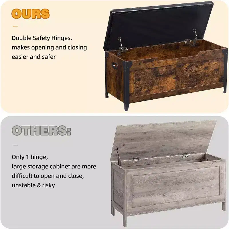 Banc de rangement, Coffre de rangement rétro en bois avec 2 charnières de sécurité, Charge maximale 136 kg, Banc ottoman de rangement pour chambre et salon, Rustique