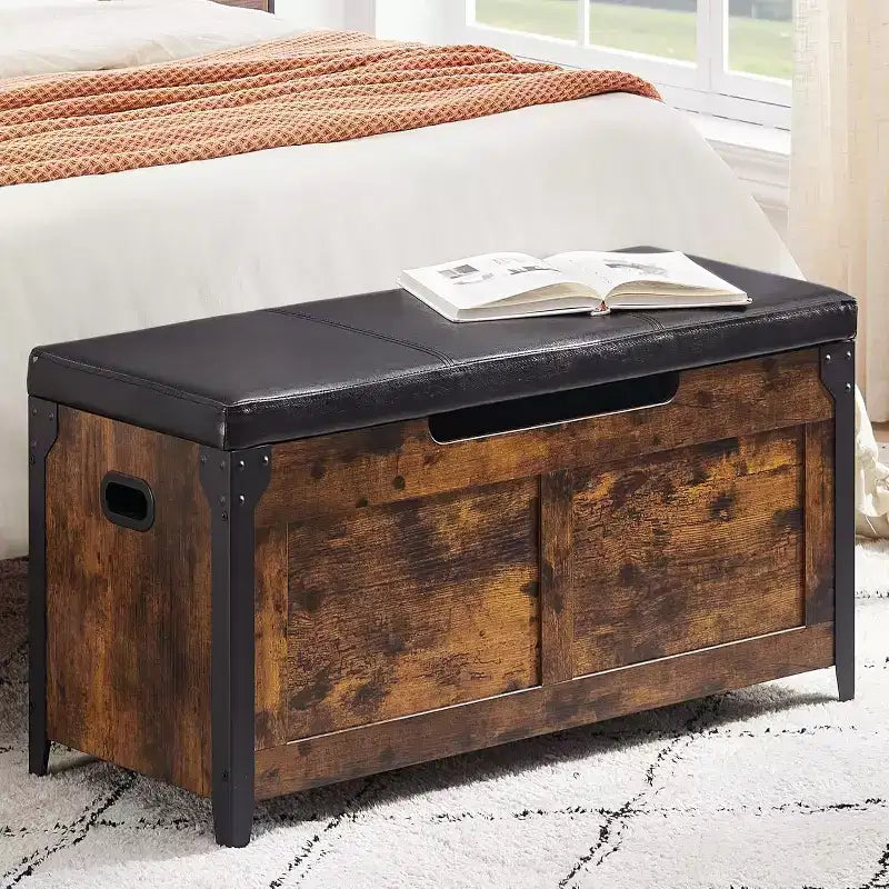 Banc de rangement, Coffre de rangement rétro en bois avec 2 charnières de sécurité, Charge maximale 136 kg, Banc ottoman de rangement pour chambre et salon, Rustique