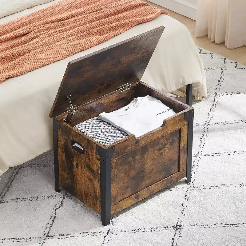 Banc de rangement, Coffre de rangement rétro en bois avec 2 charnières de sécurité, Charge maximale 136 kg, Banc ottoman de rangement pour chambre et salon, Rustique