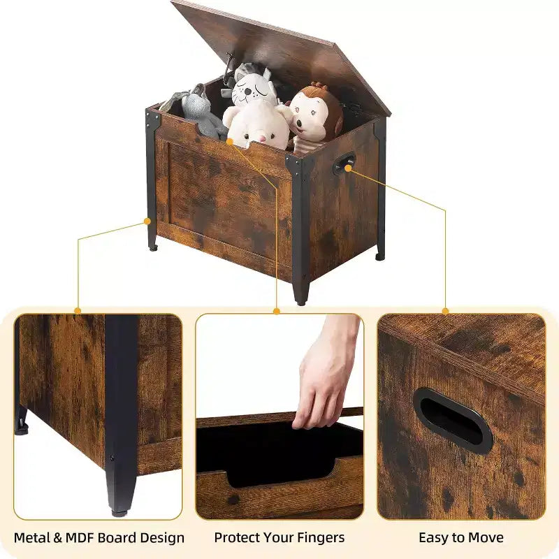 Banc de rangement, Coffre de rangement rétro en bois avec 2 charnières de sécurité, Charge maximale 136 kg, Banc ottoman de rangement pour chambre et salon, Rustique