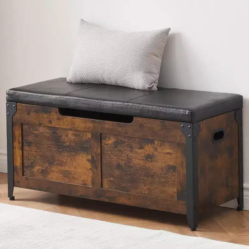 Banc de rangement, Coffre de rangement rétro en bois avec 2 charnières de sécurité, Charge maximale 136 kg, Banc ottoman de rangement pour chambre et salon, Rustique