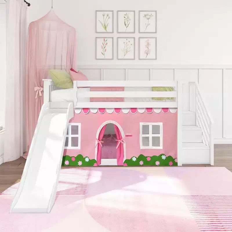 Lit superposé jumeau bas avec escalier, toboggan facile et rideau de ferme rose clair et blanc