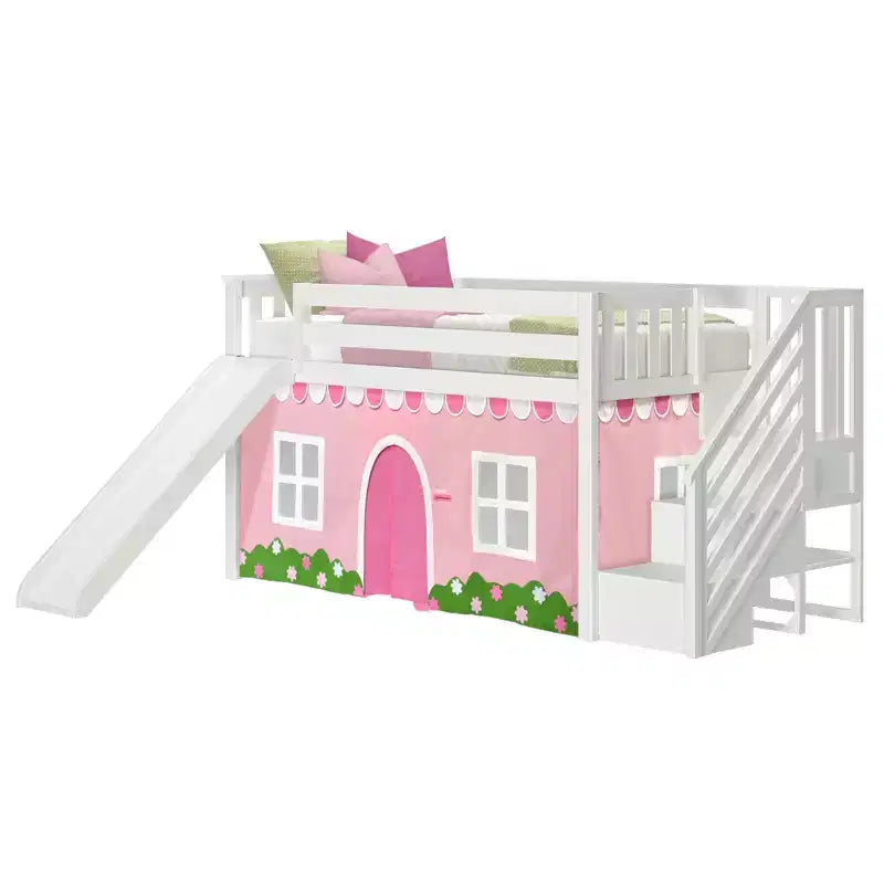 Lit superposé jumeau bas avec escalier, toboggan facile et rideau de ferme rose clair et blanc