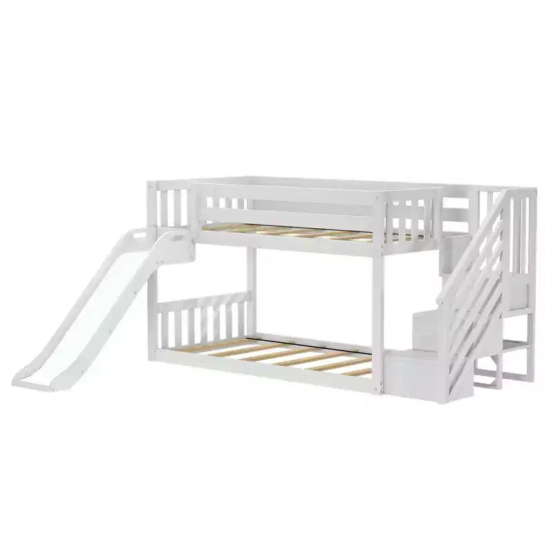 Lit superposé jumeau bas avec escalier, toboggan facile et rideau de ferme rose clair et blanc
