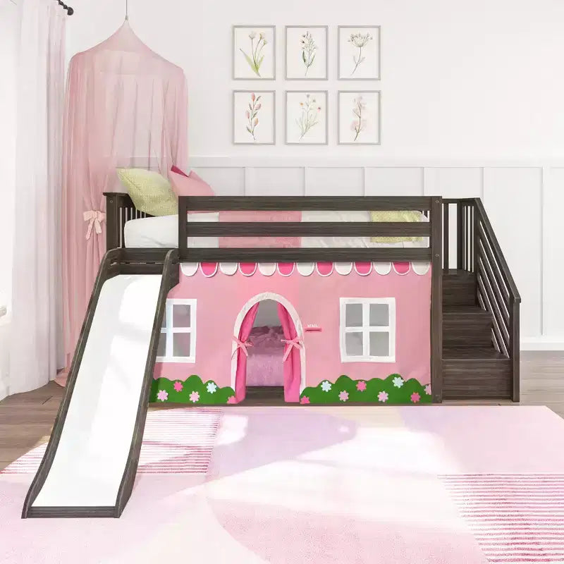 Lit superposé jumeau bas avec escalier, toboggan facile et rideau de ferme rose clair et blanc