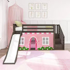 Lit superposé jumeau bas avec escalier, toboggan facile et rideau de ferme rose clair et blanc