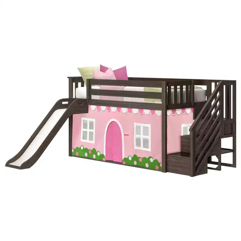 Lit superposé jumeau bas avec escalier, toboggan facile et rideau de ferme rose clair et blanc