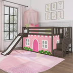 Lit superposé jumeau bas avec escalier, toboggan facile et rideau de ferme rose clair et blanc