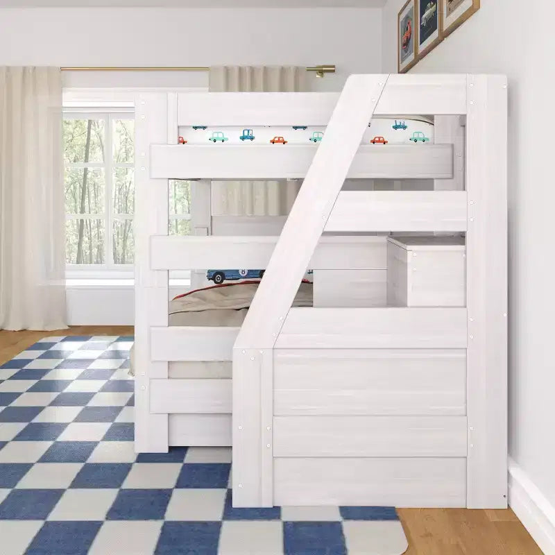 Lit superposé Queen sur Queen style ferme moderne avec escalier et tiroirs de rangement