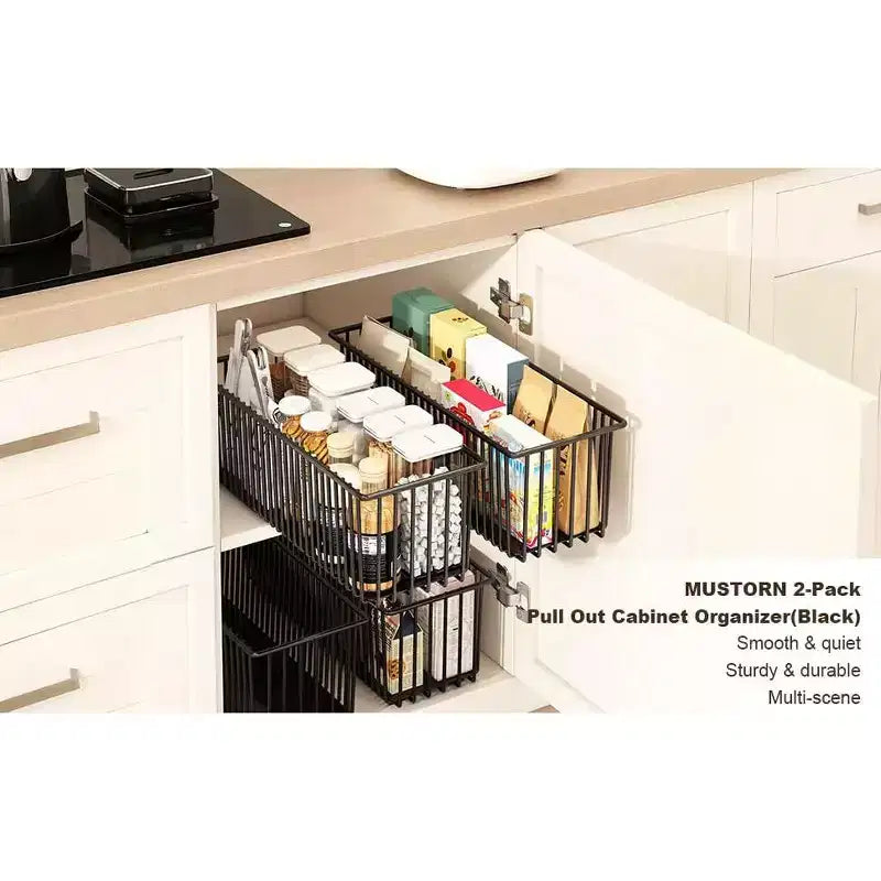 Étagères coulissantes multifonctionnelles, organisateur d'armoire coulissant, lot de 2 tiroirs extractibles robustes en acier au carbone pour armoire de cuisine, cellier, salle de bain, sous l'évier