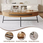 Table basse ovale avec tiroirs, 120 cm de diamètre, avec rangement et pieds en métal croisés ; design incurvé unique, adaptée au salon