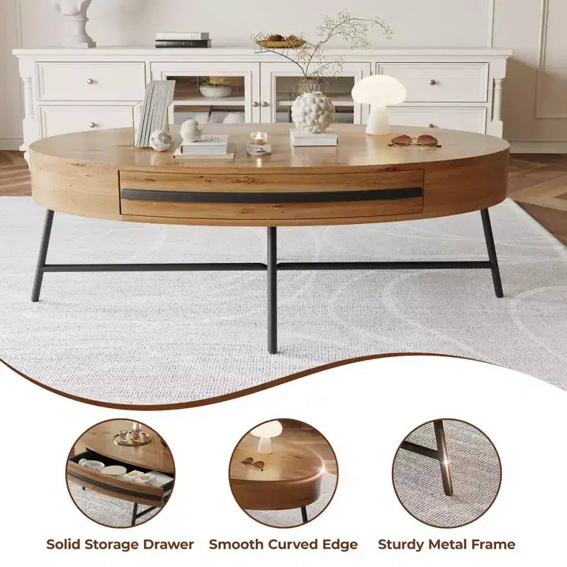 Table basse ovale avec tiroirs, 120 cm de diamètre, avec rangement et pieds en métal croisés ; design incurvé unique, adaptée au salon