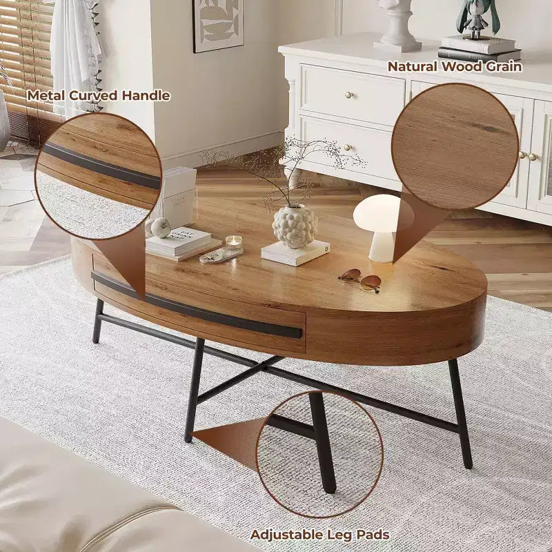 Table basse ovale avec tiroirs, 120 cm de diamètre, avec rangement et pieds en métal croisés ; design incurvé unique, adaptée au salon