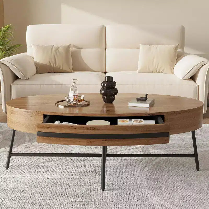 Table basse ovale avec tiroirs, 120 cm de diamètre, avec rangement et pieds en métal croisés ; design incurvé unique, adaptée au salon