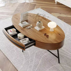 Table basse ovale avec tiroirs, 120 cm de diamètre, avec rangement et pieds en métal croisés ; design incurvé unique, adaptée au salon