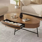 Table basse ovale avec tiroirs, 120 cm de diamètre, avec rangement et pieds en métal croisés ; design incurvé unique, adaptée au salon