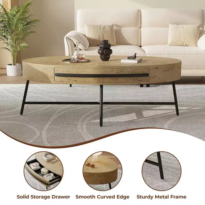 Table basse ovale avec tiroirs, 120 cm de diamètre, avec rangement et pieds en métal croisés ; design incurvé unique, adaptée au salon