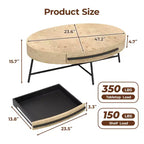 Table basse ovale avec tiroirs, 120 cm de diamètre, avec rangement et pieds en métal croisés ; design incurvé unique, adaptée au salon