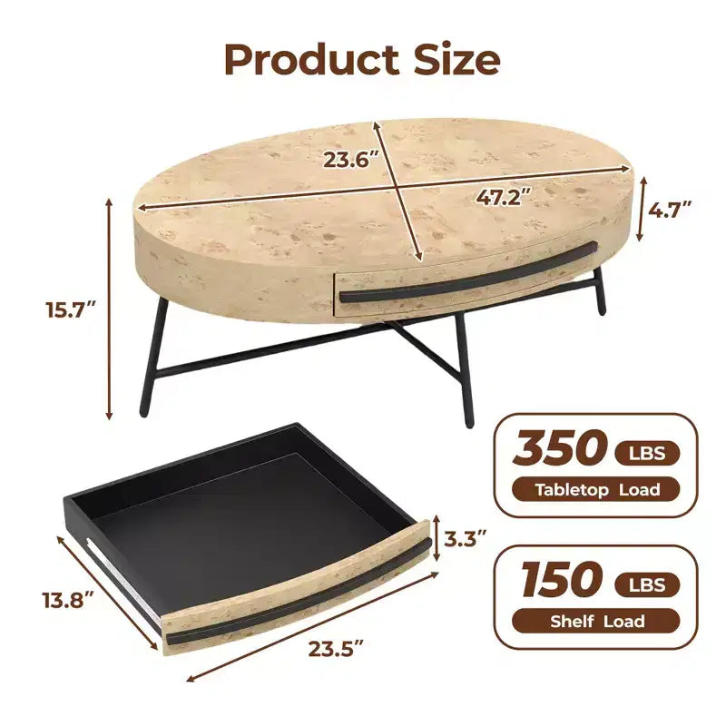 Table basse ovale avec tiroirs, 120 cm de diamètre, avec rangement et pieds en métal croisés ; design incurvé unique, adaptée au salon