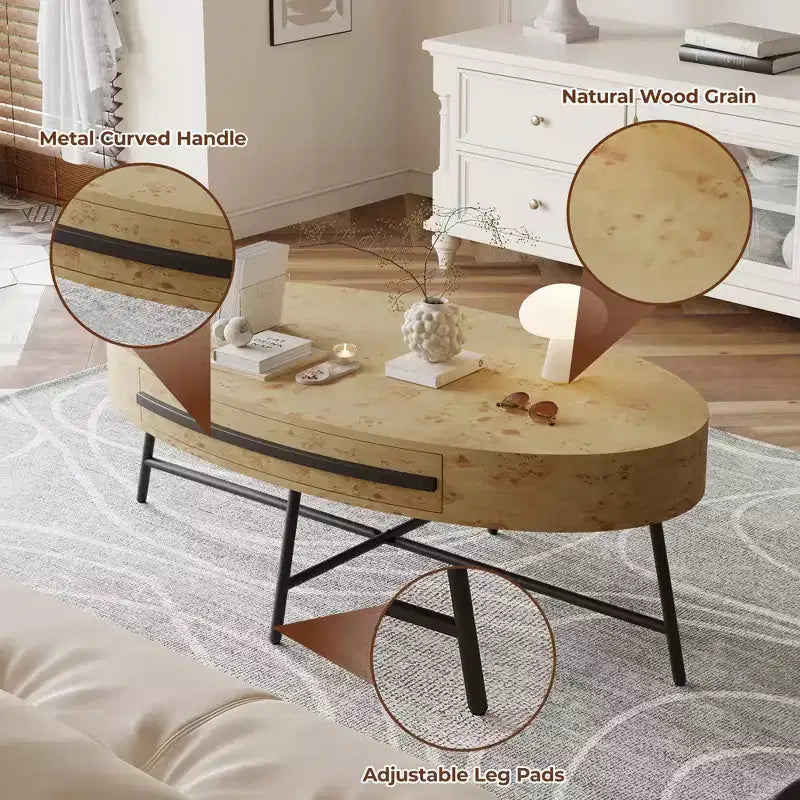 Table basse ovale avec tiroirs, 120 cm de diamètre, avec rangement et pieds en métal croisés ; design incurvé unique, adaptée au salon