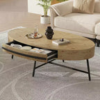 Table basse ovale avec tiroirs, 120 cm de diamètre, avec rangement et pieds en métal croisés ; design incurvé unique, adaptée au salon