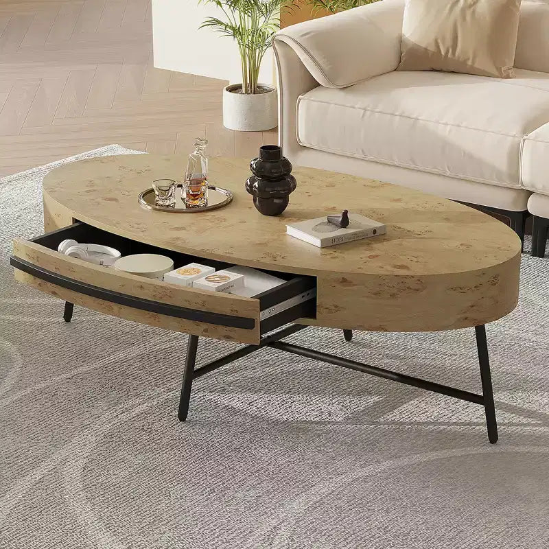 Table basse ovale avec tiroirs, 120 cm de diamètre, avec rangement et pieds en métal croisés ; design incurvé unique, adaptée au salon