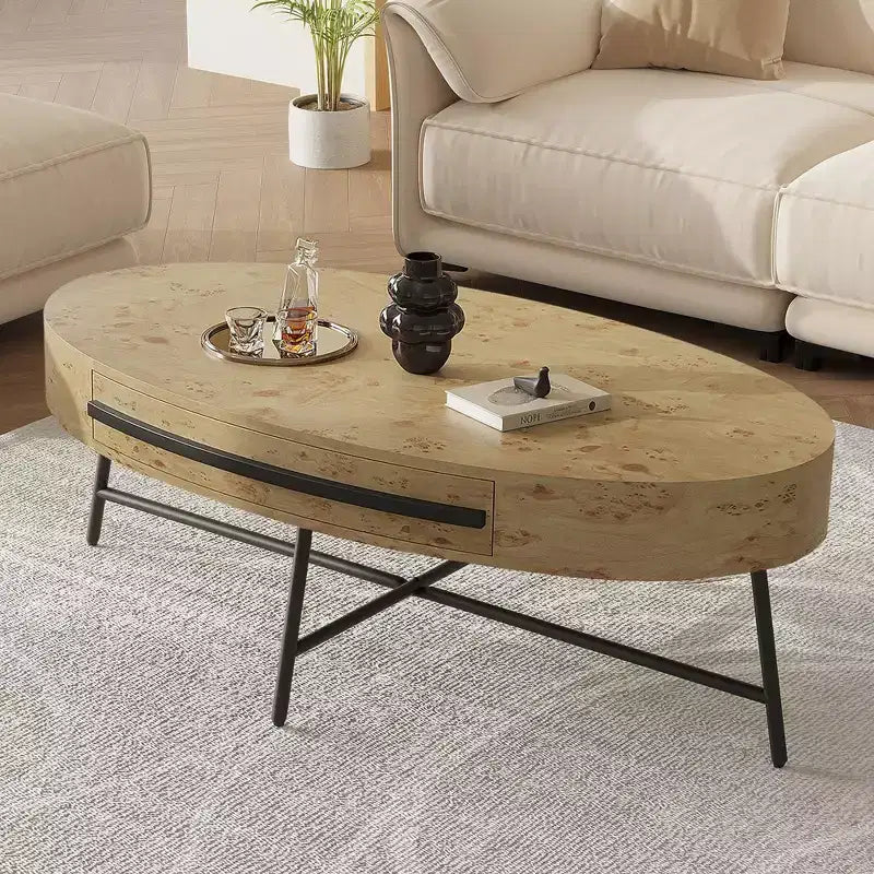 Table basse ovale avec tiroirs, 120 cm de diamètre, avec rangement et pieds en métal croisés ; design incurvé unique, adaptée au salon