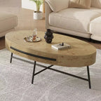 Table basse ovale avec tiroirs, 120 cm de diamètre, avec rangement et pieds en métal croisés ; design incurvé unique, adaptée au salon