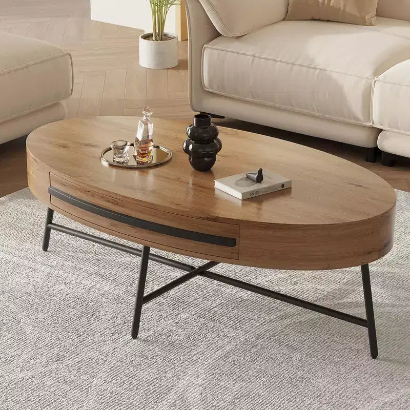 Table basse ovale avec tiroirs, 120 cm de diamètre, avec rangement et pieds en métal croisés ; design incurvé unique, adaptée au salon