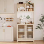 Meuble de rangement de cuisine autoportant de 180 cm avec 2 portes vitrées, rangement ouvert et étagères réglables, buffet de style fermier pour bar à café