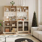 Meuble de rangement de cuisine autoportant de 180 cm avec 2 portes vitrées, rangement ouvert et étagères réglables, buffet de style fermier pour bar à café