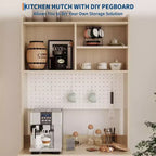Meuble de rangement de cuisine autoportant de 180 cm avec 2 portes vitrées, rangement ouvert et étagères réglables, buffet de style fermier pour bar à café