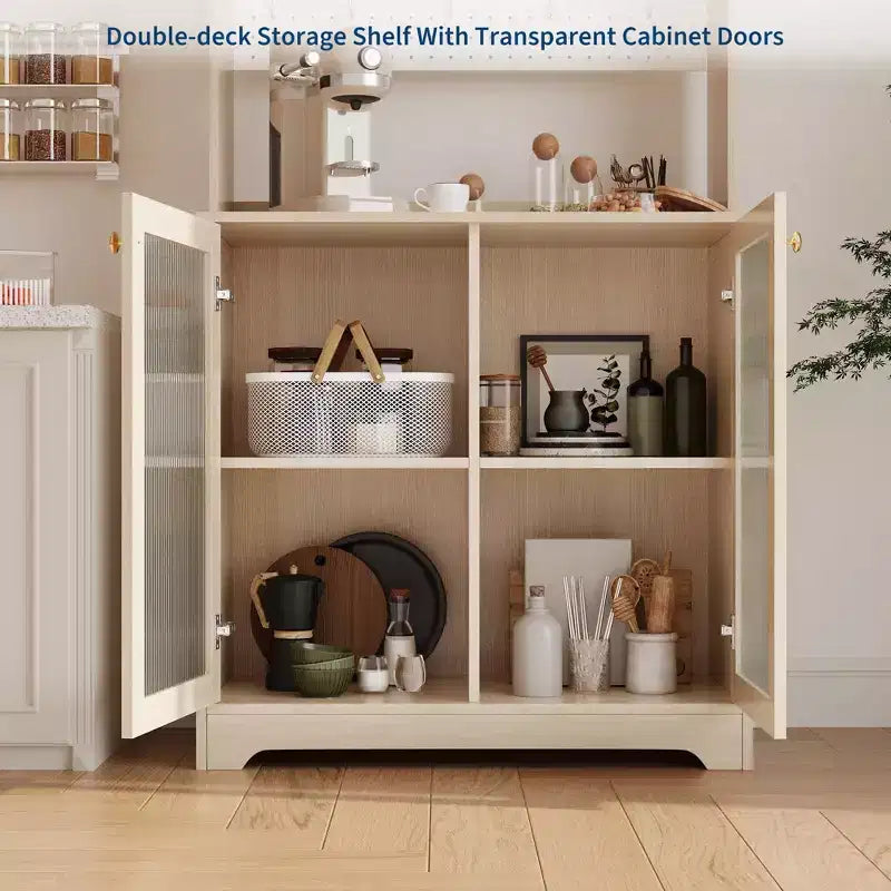 Meuble de rangement de cuisine autoportant de 180 cm avec 2 portes vitrées, rangement ouvert et étagères réglables, buffet de style fermier pour bar à café
