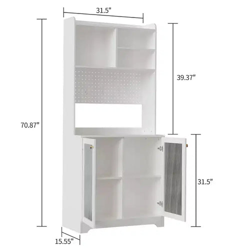 Meuble de rangement de cuisine autoportant de 180 cm avec 2 portes vitrées, rangement ouvert et étagères réglables, buffet de style fermier pour bar à café